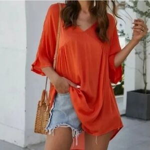 V Neck Asymmetrical Oversized Tunic Top T Shirt Blouse Mini Beach Dress